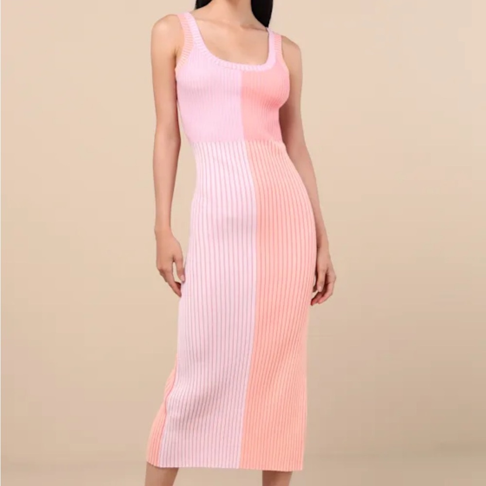Lulu’s Radiant Personality Pink Color Block Ribbed Knit Midi Dress
